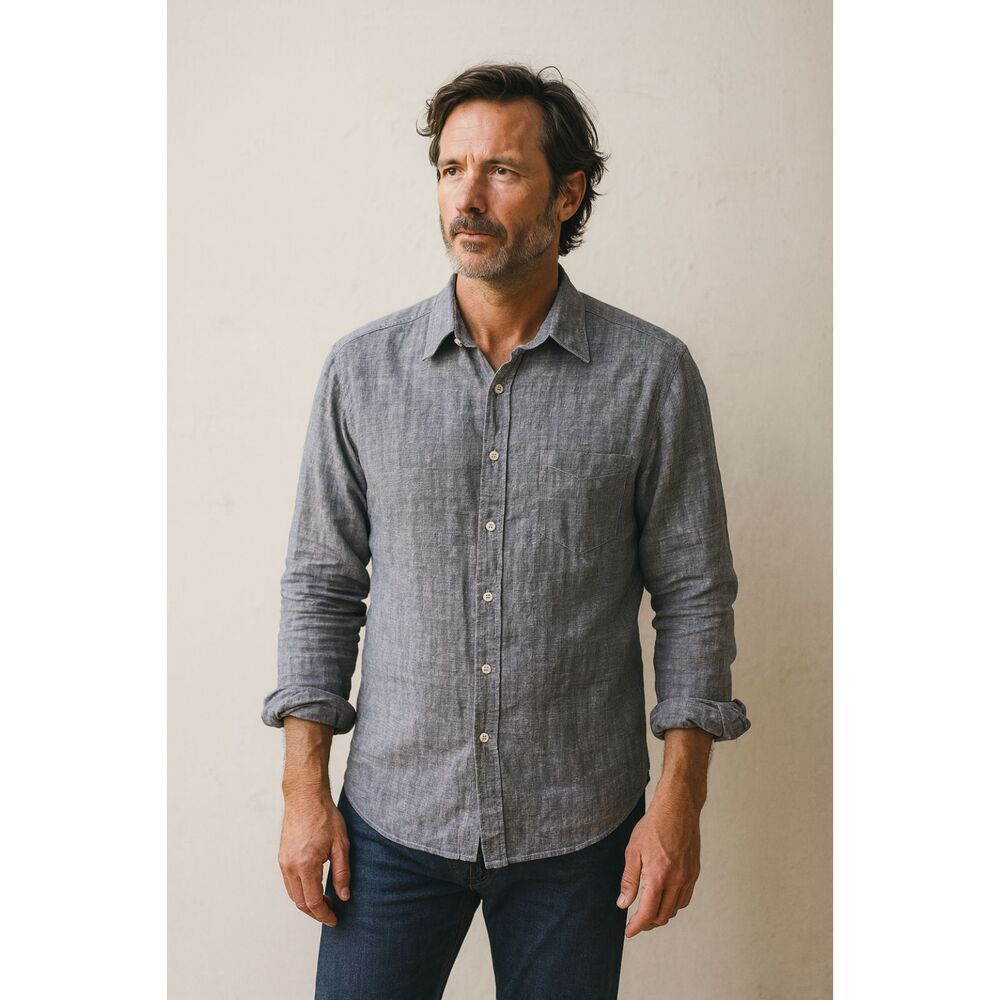 CP SHADES Gray Linen Button Up Long Sleeve Shirt Top Mens Size Small